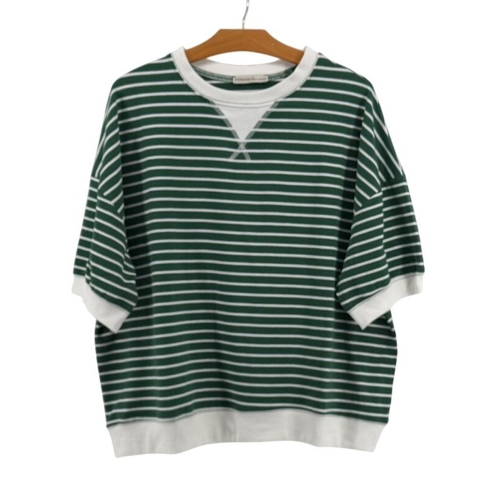Cotton Zenana Women's Oversized Striped T Shirt Green White Short Sleeve 1X NWOT - Picture 2 of 9